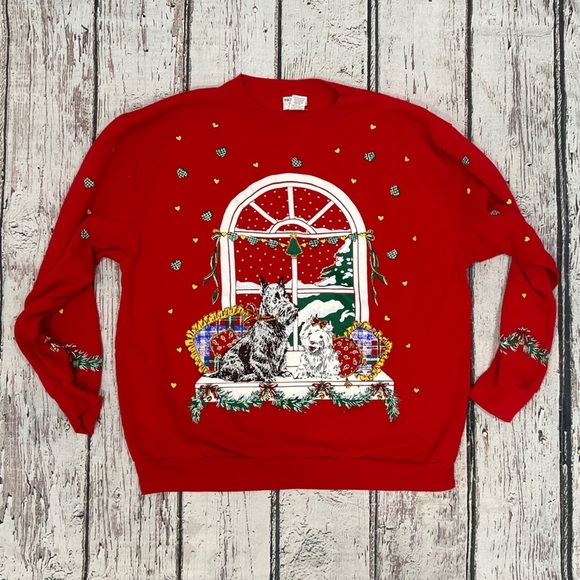 Vintage Holiday Time Dogs Ugly Christmas Sweater Xmas 1990s Red Sweatshirt - Picture 1 of 6
